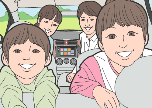 カーナビゲーションを使って快適なドライブを楽しむ家族のイラスト