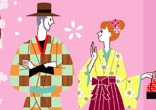大正時代の袴姿の女学生と車夫やアジアンリゾートのイラスト