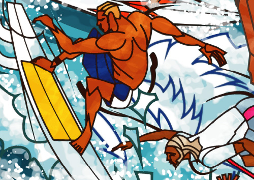 サーフィンの様々な技をコラージュしたバティック風イラスト
