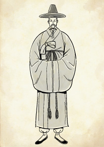 黒笠をかぶったトゥルマキ姿の朝鮮王朝の官吏の男性のイラスト