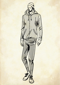 ニットキャップとジョガーパンツを着けたパーカーコーデの男性のイラスト