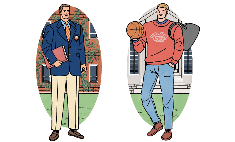 アイビージャケットやNCAAスウェットを着た往年のアメリカンリーグのマッチョな男子学生のイラスト