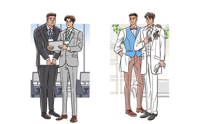 オフィスの先輩後輩ビジネスマンと結婚式場控え室の花婿とグルームズマンの男性のリーニュクレール風イラスト