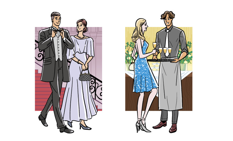 正装で式典に出席する夫婦と宴会でドリンクをサービスするバンケットスタッフ男性のリーニュクレール風イラスト