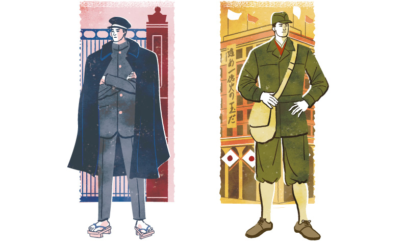 バンカラ 学ラン学生と第二次大戦中の若者の昭和レトロなイラスト
