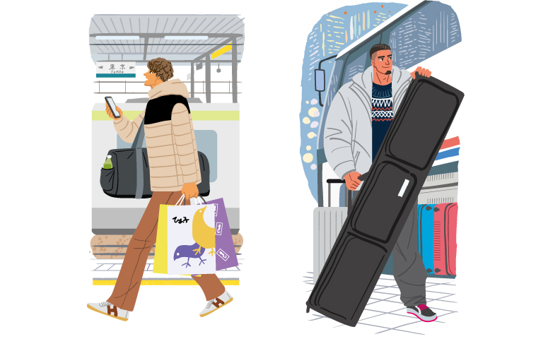 駅のホームで時刻表を見る帰省中の男性やスキー・スノボーツアーに夜行バスで出かけるおしゃれな男性のかわいいイラスト