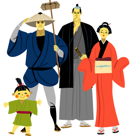 紋付袴の侍・飛脚・街娘など日本の民族衣装姿の日本人のイラスト