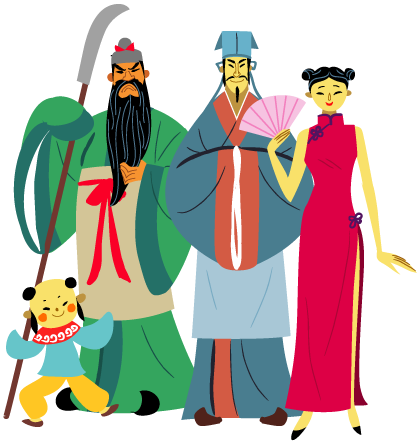 漢服・チーパオ・チャイナドレスなどの中華の民族衣装や関羽の姿の中国人のイラスト