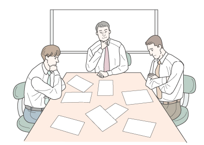 ミーティングテーブルで書類を広げて会議するビジネスマンの線画イラスト