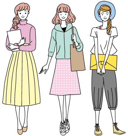 私服の女子大生と専門学生のかわいい線画イラスト