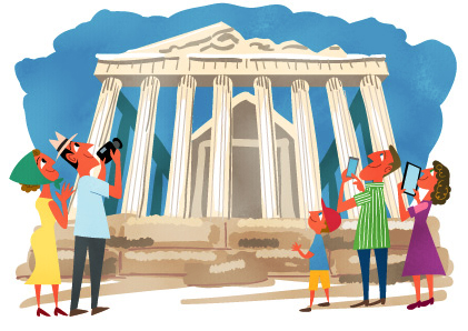 ギリシャのパルテノン神殿と観光客のレトロなイラスト
