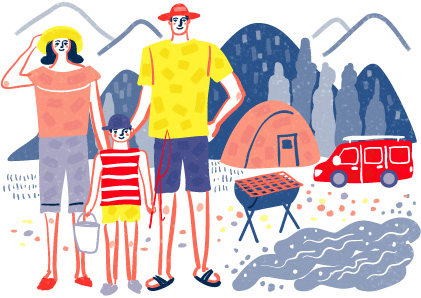 夏の渓流で釣りやキャンプを楽しむかわいい家族のイラスト