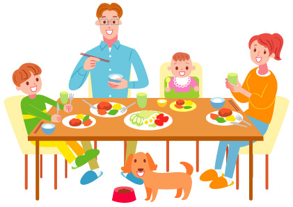 晩ご飯にハンバーグを食べるかわいい家族とペットのミニチュアダックスフントのイラスト