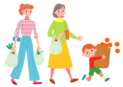 果物や野菜などの買い物をするおばあちゃん・おかあさん・男の子のかわいいイラスト