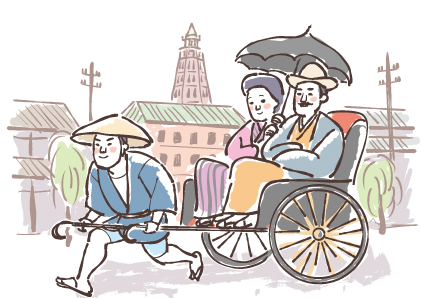 凌雲閣そびえる浅草の街を日傘の夫婦を人力車に載せて走る車夫のレトロかわいい線画イラスト