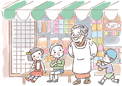 昭和懐かしいおばあちゃんが営む店の軒先に集まっておやつを食べる子供達のレトロかわいい線画イラスト