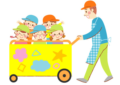 避難車に園児を乗せた保育士の可愛いイラスト