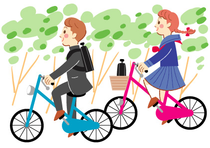 自転車で登校する男子中学生と女子中学生のかわいいイラスト