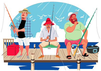 桟橋で釣りを楽しむ外国人の老人たちのポップなイラスト