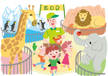 動物園内でライオンやペンギン、キリンやゾウの檻を嬉しそうに見学する子供達のかわいいイラスト